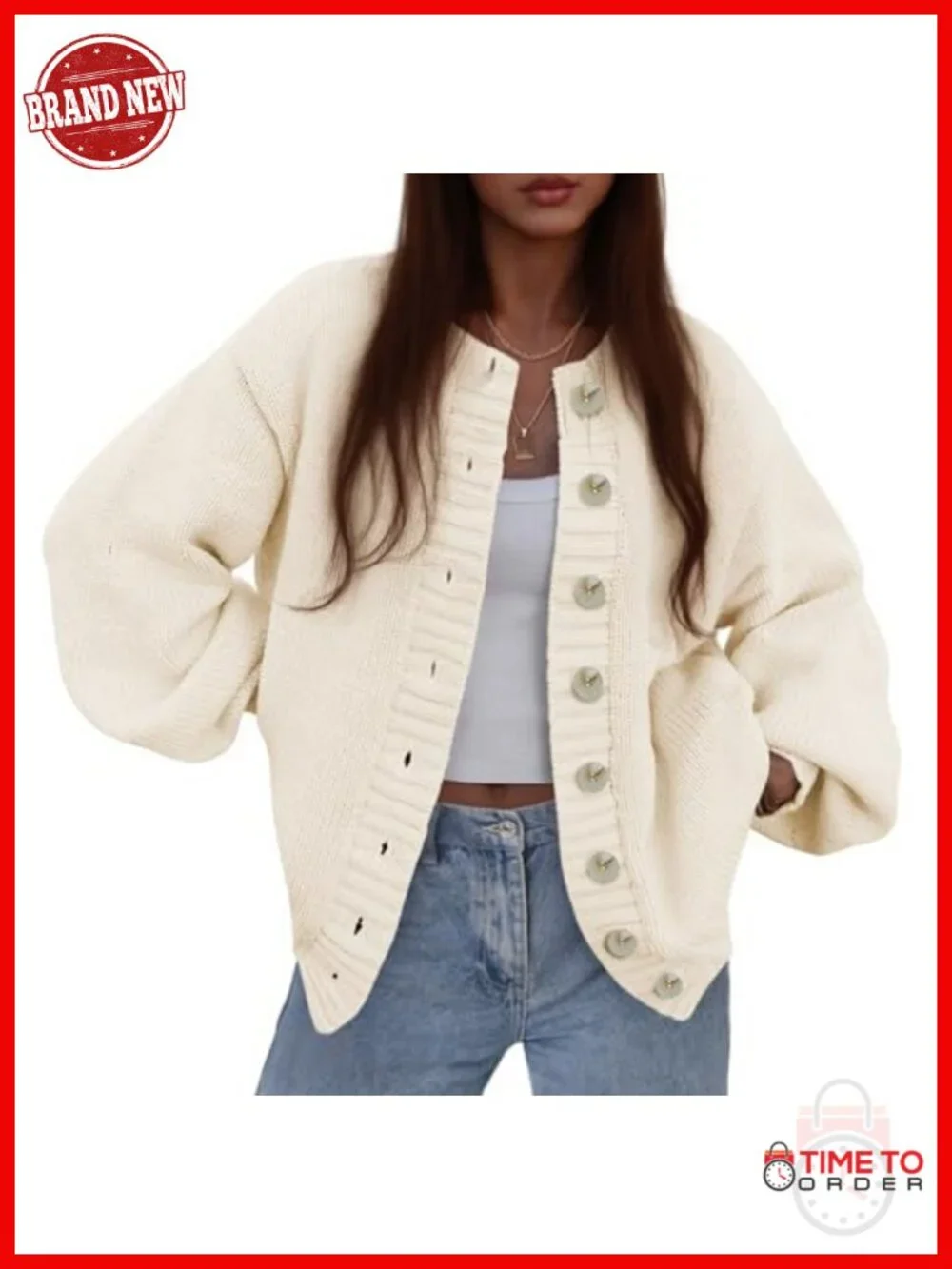 Chunky Ribbed Knit Cardigan Sweater, Button Up, Long Sleeve Crew Neck, Loose